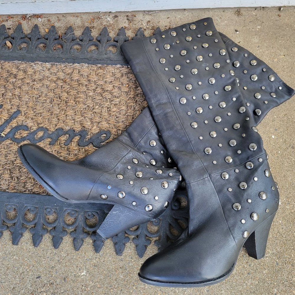 Black leather 2 inch heel gunmetal studded 80s style boots